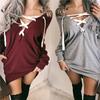 Women Sexy Lace Up Bandage Deep Off Shoulder Hoodies Long Loose Sleeve Pullover