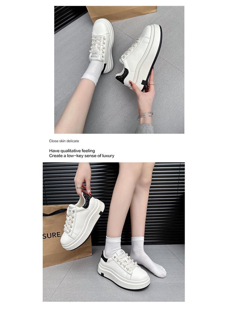 Pearl Women's High-End White Sneakers - Spring/Autumn Thick Sole, Height-Boosting, Versatile Sports Casual Shoes