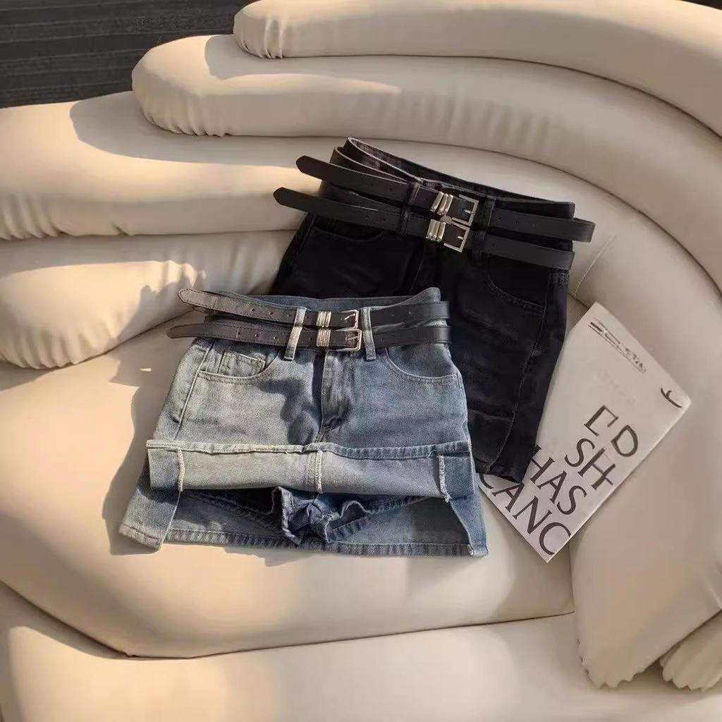 Острая девушка Юбка мини из денима с завышенной талией, ретро-разрезом и двойным ремнем - Женская летняя А-силуэта