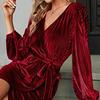 Женское платье для свиданий с V-образным вырезом и завязывающимся поясом, тонкая талия, длинные рукава, бархатная ткань, неровный подол, вечернее платье, однотонное мини-платье для выпускного вечера