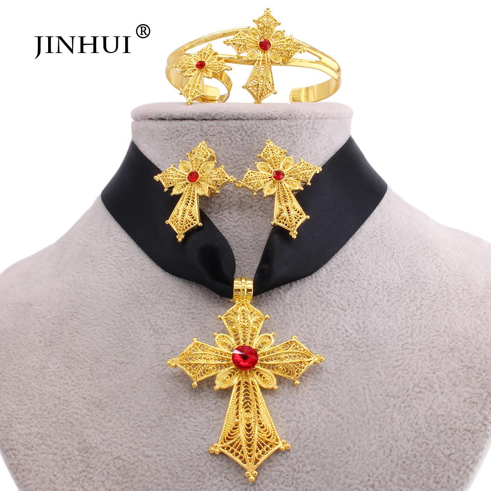 Эфиопский позолоченный крест, ювелирные наборы, кулон, ожерелье, серьги, кольцо, Дубай, подарки для женщин, свадебный комплект из Эритреи