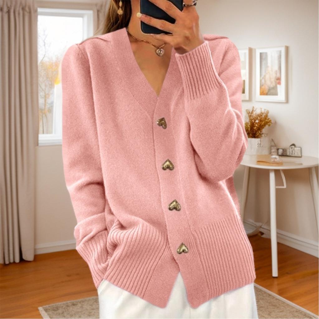 Women's Fashion Solid Color Long Sleeve V-Neck Knit Cardigan Button Sweater Jacket