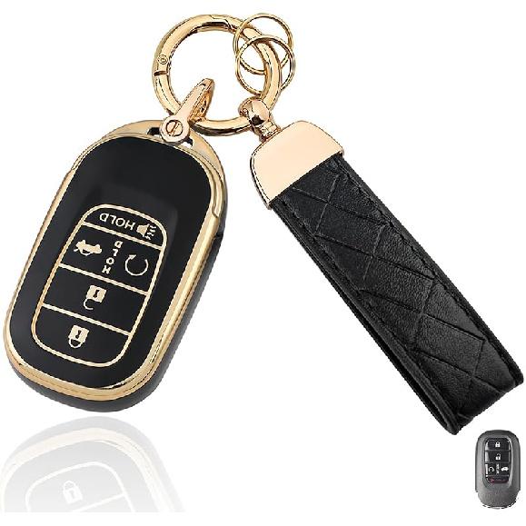 TPU Key Fob Cover with Leather Keychain, Compatible with Honda Accord Civic HR-V CR-V Pilot Sport SI EX EX-L Touring 2024 2025 2026, 4/5 Button,