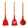 Non-Stick Silicone Cooking Utensils Set, 3 Pcs with Wooden Handle, Heat Resistant Silicone Kitchen Gadgets (Red)