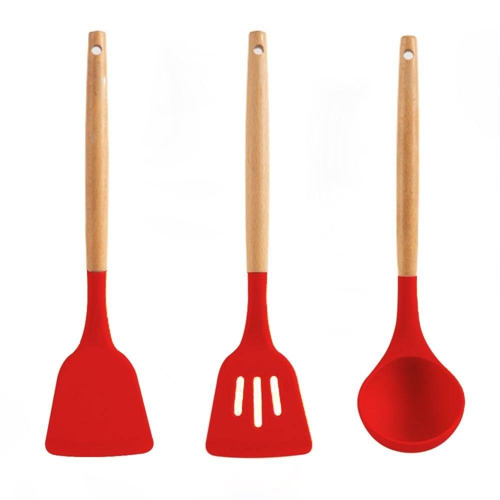 Non-Stick Silicone Cooking Utensils Set, 3 Pcs with Wooden Handle, Heat Resistant Silicone Kitchen Gadgets (Red)