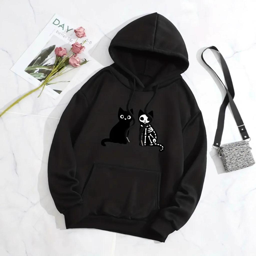 Ladies Spring Autumn Casual Hooded Long Sleeve Big Pocket Halloween Skull Cat Printed Pullover Hoodies Sweatshirt Top