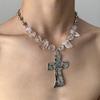 Hiphop Punk Silver Color Cross Pendant Necklace for Women Gothic Irregular Transparent Crystal Bead Necklace Street Jewelry Gift