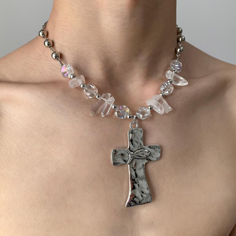 Hiphop Punk Silver Color Cross Pendant Necklace for Women Gothic Irregular Transparent Crystal Bead Necklace Street Jewelry Gift
