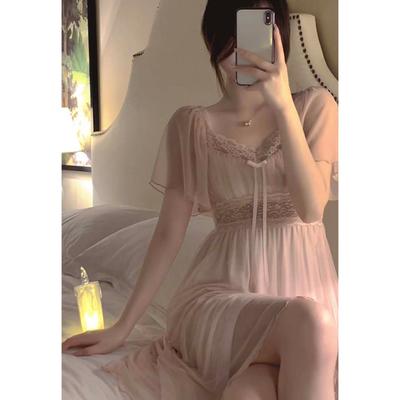 Кружевное кружевное ночное платье Женское летнее милое на бретельках с бантом и нагрудными подушечками можно носить на улице сетчатое ночное платье в стиле pure desire