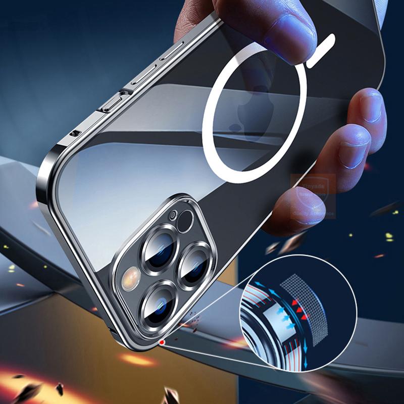 Магнитный чехол для iPhone 11 12 13 14 Pro Max, прозрачная задняя крышка Magsafe для iPhone 13 Pro Max 12, металлический каркас, бампер, линза для телефона, стекло