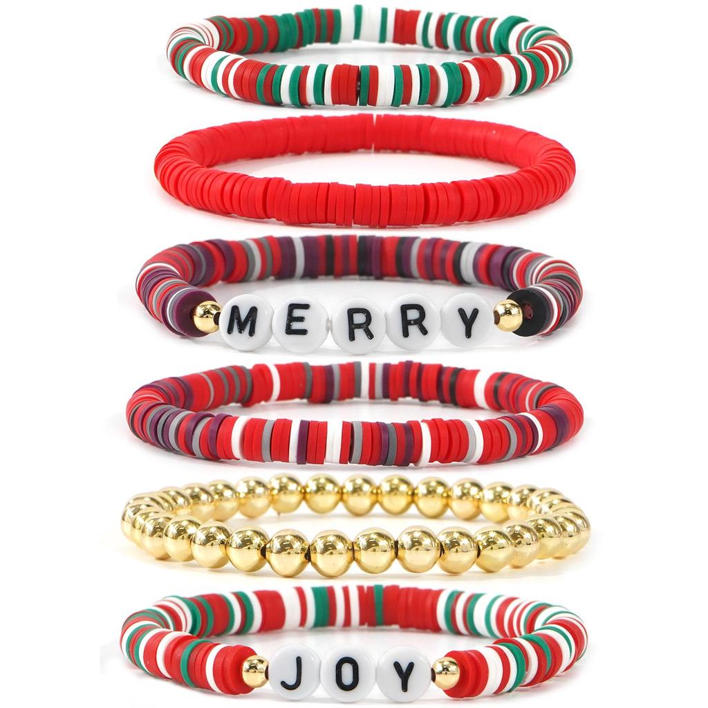 Festive Polymer Clay Bracelet Set: 6-Piece Christmas Stripes with Letter Elements