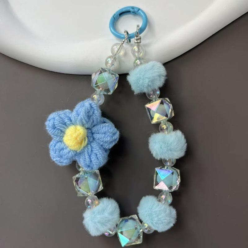 Autumn/Winter Plush Handmade Beaded Phone Lanyard & Keychain with Flower Pendant