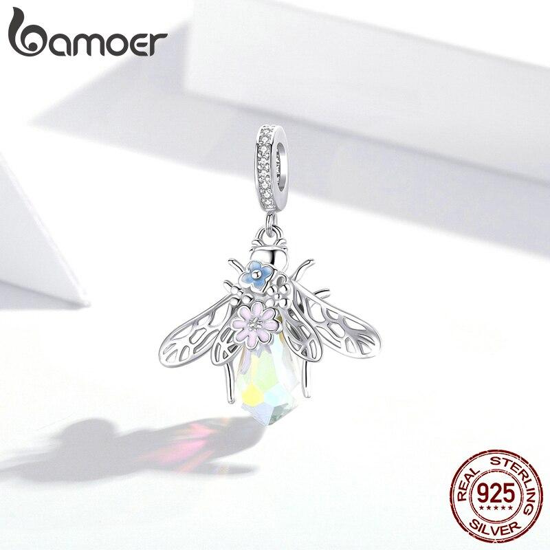 BAMOER Аутентичные стерлингового серебра 925 пробы красочные пчелы прозрачные бусины с фианитами подвеска для браслета DIY изготовления ювелирных изделий