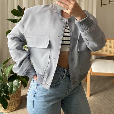 Женские укороченные куртки со стойкой воротником, куртка-рубашка в стиле varsity, повседневное пальто на пуговицах с длинным рукавом, верхняя одежда для весны и осени