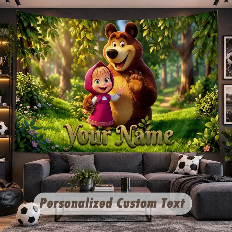 Wall Hanging Tapestry Custom NameMasha and the Bear Pattern Personalized Printed Fabric Wall Decor