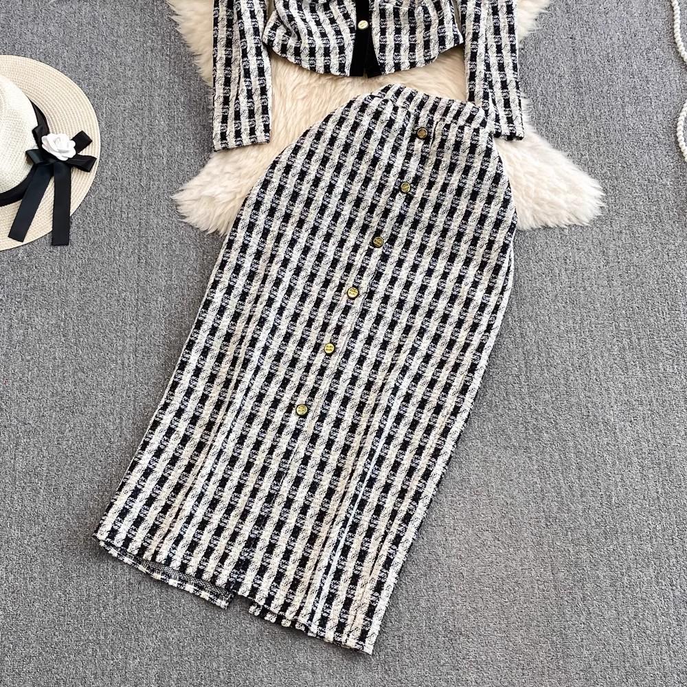 Осенне-весенний клетчатый твидовый костюм с небольшим ароматом, женский короткий пиджак с v-образным вырезом, пальто + длинная юбка-карандаш на пуговицах, комплект из двух предметов