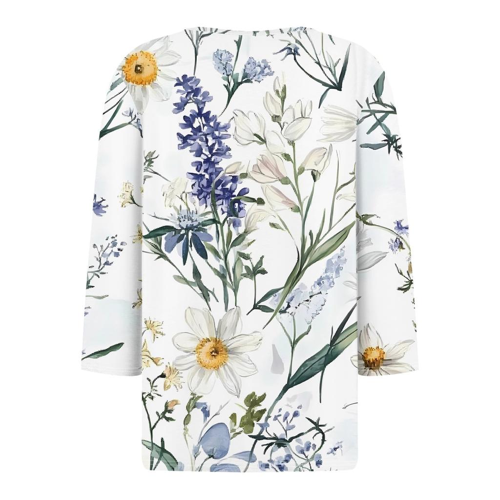 Жен. Футболка С принтом Пуговицы Рукав 3/4 Повседневные Выходные Мода Классический Классический V-образный вырез Обычный Верх