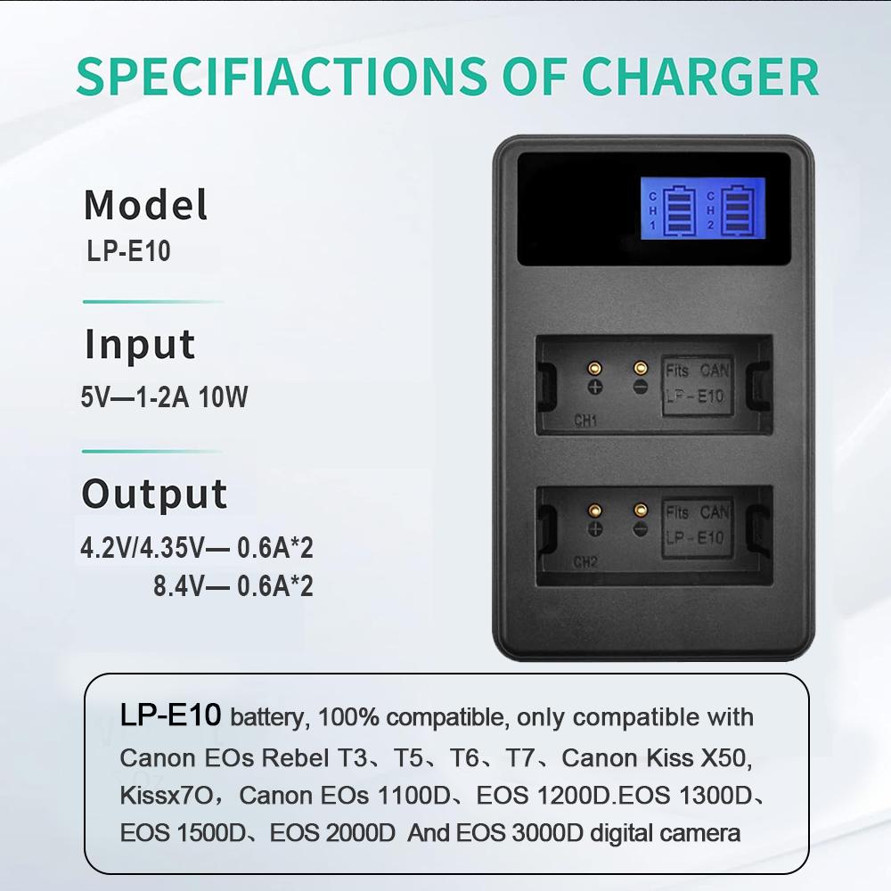 LP-E10 dual-slot camera battery charger suitable for Canon EOsRebel T3,T5,T6,T7,EOS 1200D,EOS 1300D,EOS 2000D, EOS3000D etc.