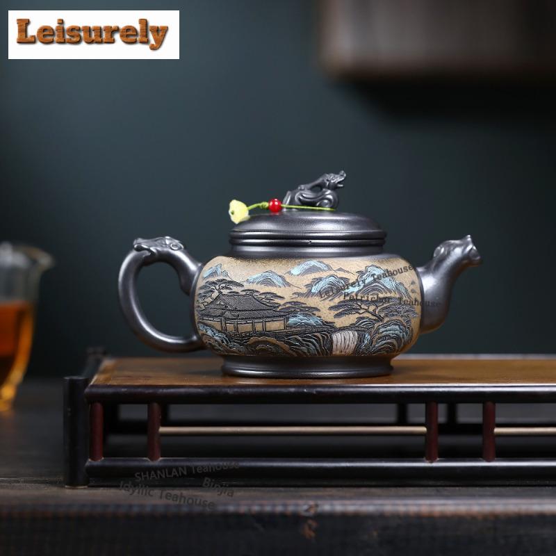410 мл Ретро Исинские Чайники из Фиолетовой Глины Ручной Работы Чайник с Пейзажем Глина из Сырой Руды Камень Желтая Глина Чайник с Инфузором Китайский Чайный Набор Цзыша