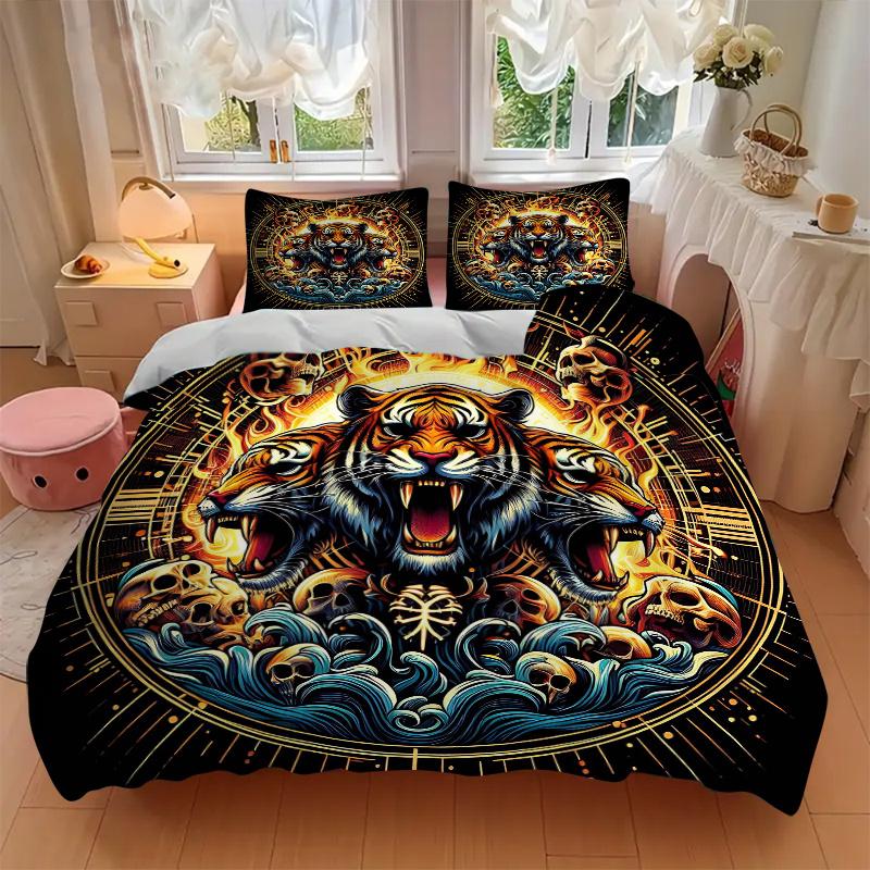 3pcs Flaming Tiger Amidst Waves Pattern Bedding Set, 1* Cover + 2*Pillowcases, Printed Bedding Set, Soft and Comfortable, Suitable for Bedroom an