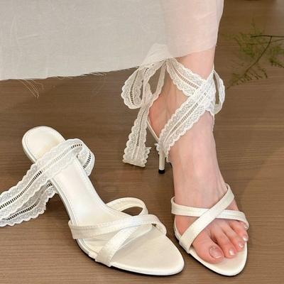 Синие босоножки-стилетто с эластичной лентой сзади, однотонные, с круглым носком, на шнуровке, слипоны, на тонком высоком каблуке, туфли-лодочки 2025, женская лаконичная обувь