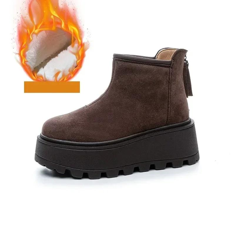 Мода 8,5 см Замша Коровья Натуральная Кожа Модные Женские Ботильоны на Щиколотке Платформа Клиновидный Каблук Зима Плюш 2025 Осень Ботинки Весенняя Обувь Труба