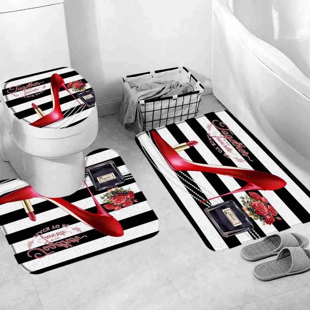 Valentine's Day Shower Curtain, Rose High Heels Lipstick Perfume Bottle Black and White Striped Romantic Bath Mat Bathroom Decor