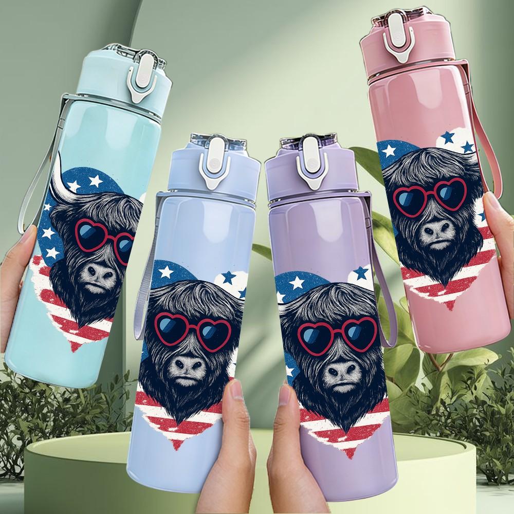 1PC Bull Head Flag Sunglasses Art 750ml Color Plastic Sports Water Bottle Leakproof Flip Straw Lid Suitable for Sports Office Home Use