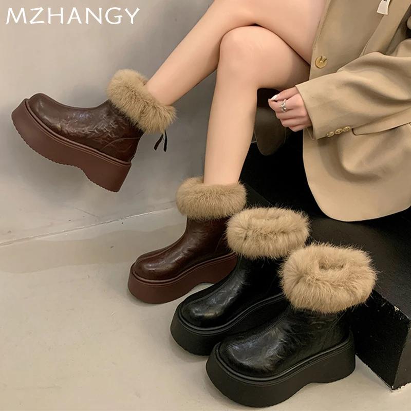 Женские меховые ботильоны на платформе, кожаные туфли на плоской подошве, женская мода 2025 года, зимние теплые, элегантные, готические, новые, зимние сапоги Mujer Botas