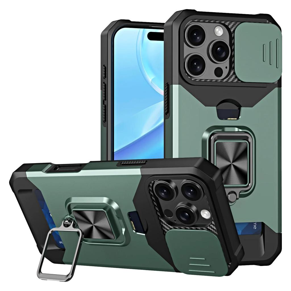 Защитный чехол для телефона IPhone 16 15 14 13 12 11 Pro Max с кольцом-подставкой, карманом для карт и защитным окошком для камеры, военного качества
