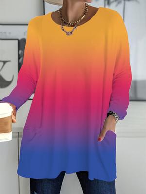 Осень-Зима 2025 Новые Женские Топы Большого Размера, Модные Футболки с 3D-принтом Градиентного Цвета, с Круглым Вырезом и Длинным Рукавом