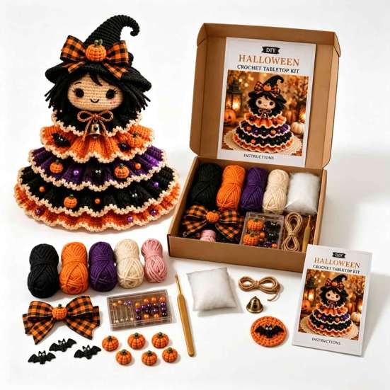 Crochet Yarn Pack with Hook Filling Christmas DIY Quilted Fabric Tree Craft Kit, 3D Padded Patchwork Sewing Set Autumn Festival Decorative Projects