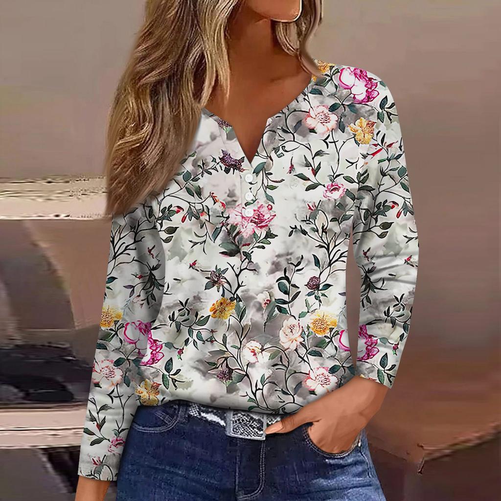 Жен. Футболка Футболка Пуговицы Цветочный принт Длинный рукав Повседневные Выходные Мода Классический Классический V-образный вырез Обычный Топ