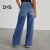 Женские эластичные джинсовые брюки с высокой талией, широкие джинсы, повседневные прямые джинсы с необработанным краем и карманами