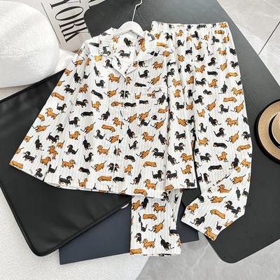 Весна-Осень, женский пижамный комплект из хлопка с начесом, с принтом таксы, 2 предмета, длинные рукава, эластичный пояс, брюки, одежда для сна, домашний костюм