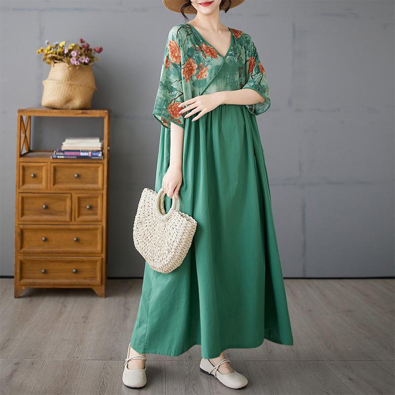 DIMANAF 2025 Plus Size Summer Women Basic Dress Vintage Floral Printing Casual Loose V-Neck Long Dress Maxi