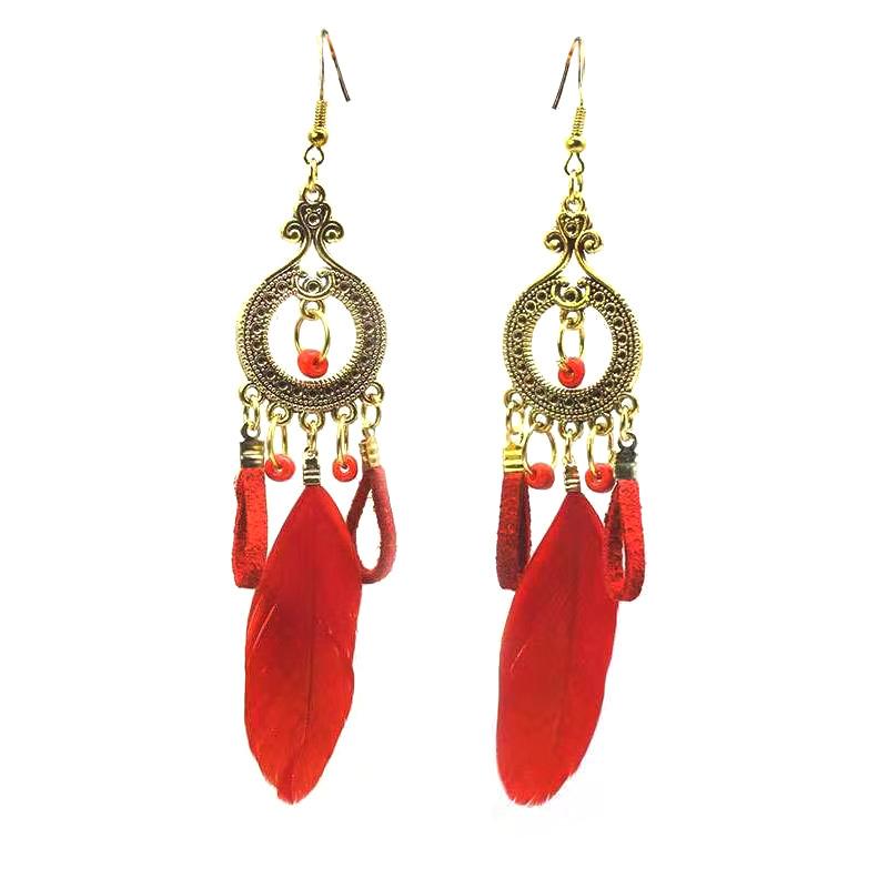 Этнический стиль длинные серьги с перьями и бахромой красные женские модные ретро-серьги в национальном стиле праздничные фотоукрашения