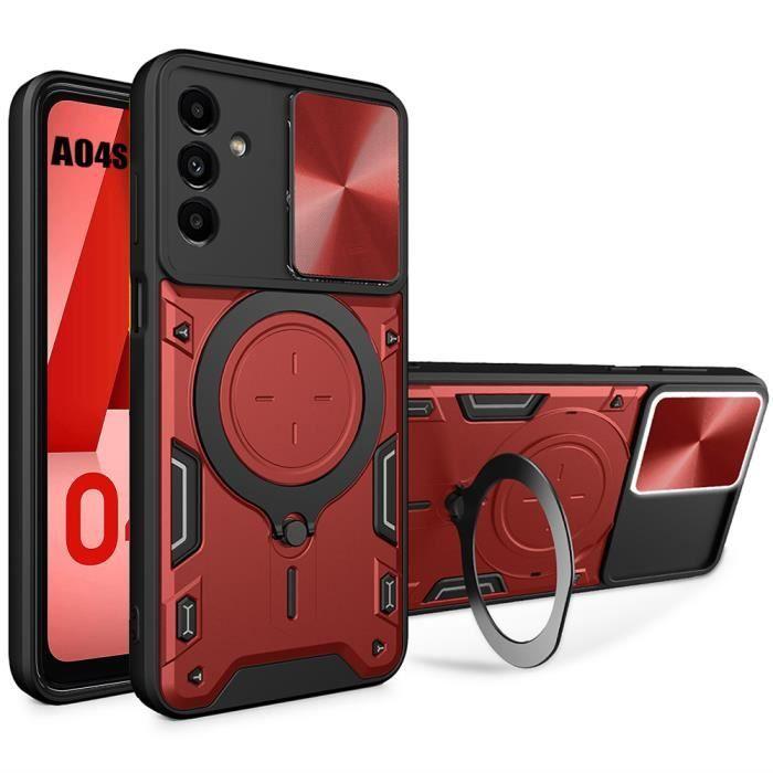 Coque pour Samsung Galaxy A04s Rigide Antichoc avec Anneau Support et Protection Objectif - Rouge