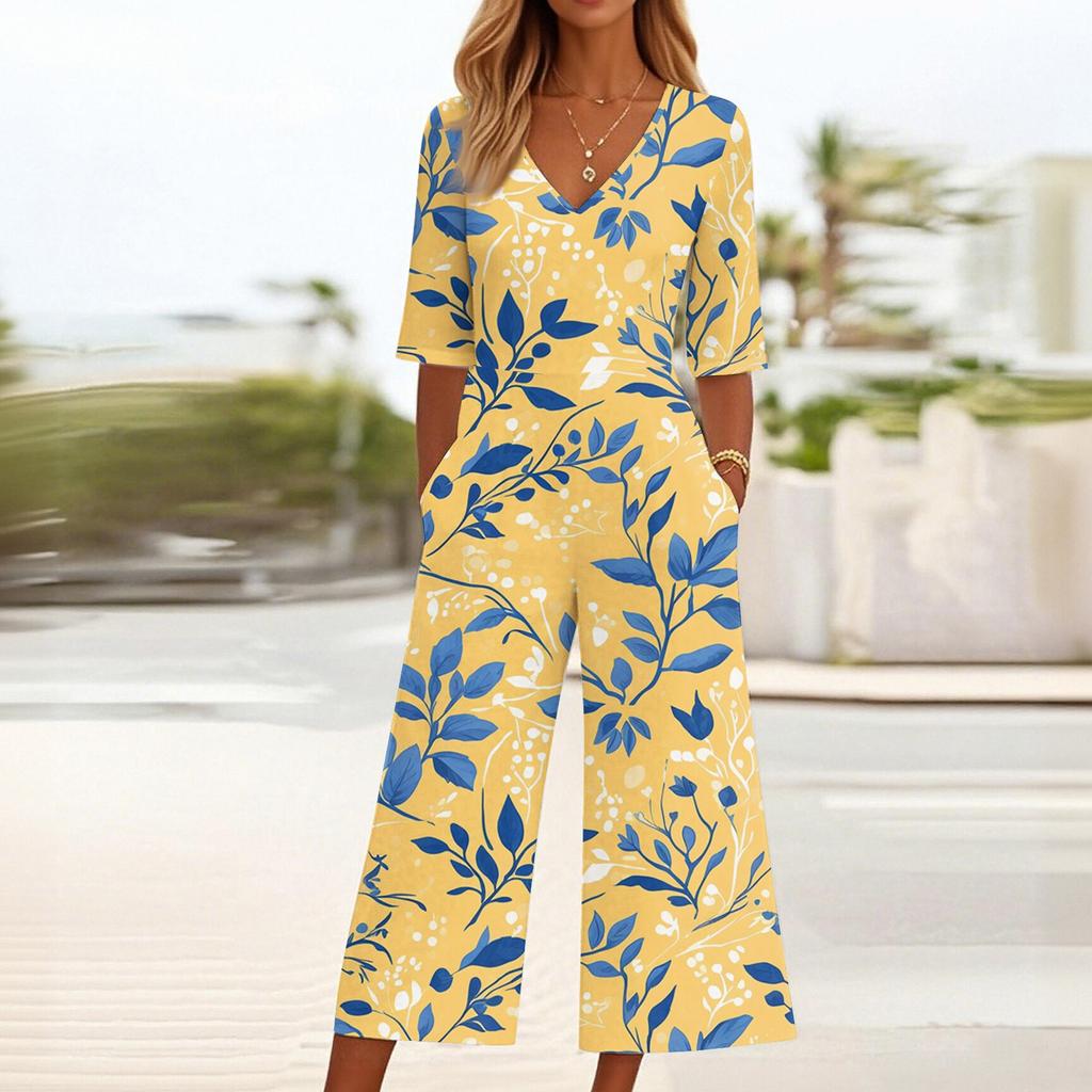 Женский свободный повседневный комбинезон с V-образным вырезом и принтом, облегающий комбинезон с широкими штанинами, комбинезон с широкими штанинами