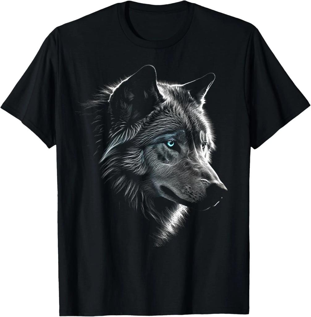 Wolf Portrait Blue Eyes - Artwork Animal Motif Wolf T-Shirt