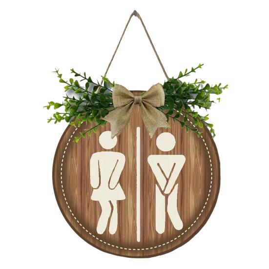 Деревянный гендерный тег Yousheng, знак для туалета, прачечной с бантом, деревенский подвесной знак с искусственными зелеными листьями для декора ванной комнаты и прачечной