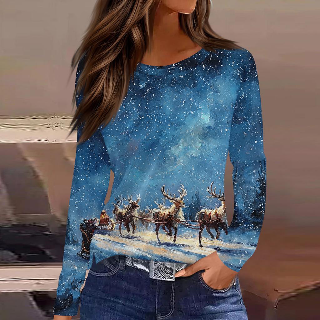 Women's Fashion Casual Slit Hem Round Neck Long Sleeve Loose Christmas Printed T-Shirt Ladies Top