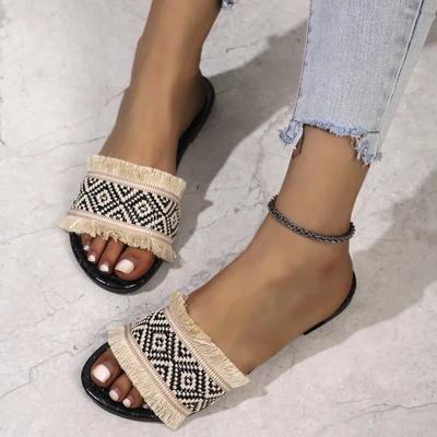 Модные женские летние соломенные плетеные дорожные тапочки, уличные шлепанцы, модные плоские женские сандалии и тапочки большого размера