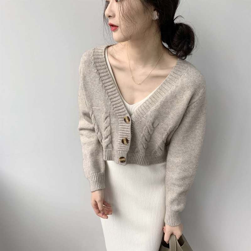 Осень-зима облегающий женский кардиган свитер с длинным рукавом V-образным вырезом однобортный укороченный вязаный кардиган женский элегантный трикотаж с длинным рукавом 30986