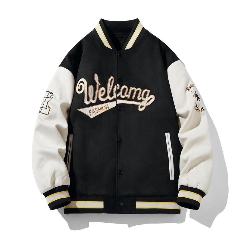 Embroidered Suede Men Spring Baseball Jacket Casual Harajuku Style Fashion Coat Outerwear for Daily Wear Streetwear