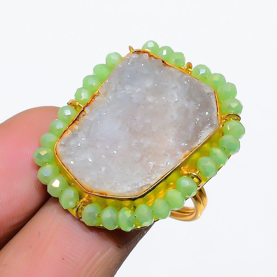Hememorphite Druzy, Chalcedony Gemstone 925 Sterling Silver Ring Size Adj GK-5081