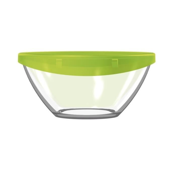 Saladier avec couvercle luminarc keep'n bowl t 28 cm - verre et plastique - transparent et vert