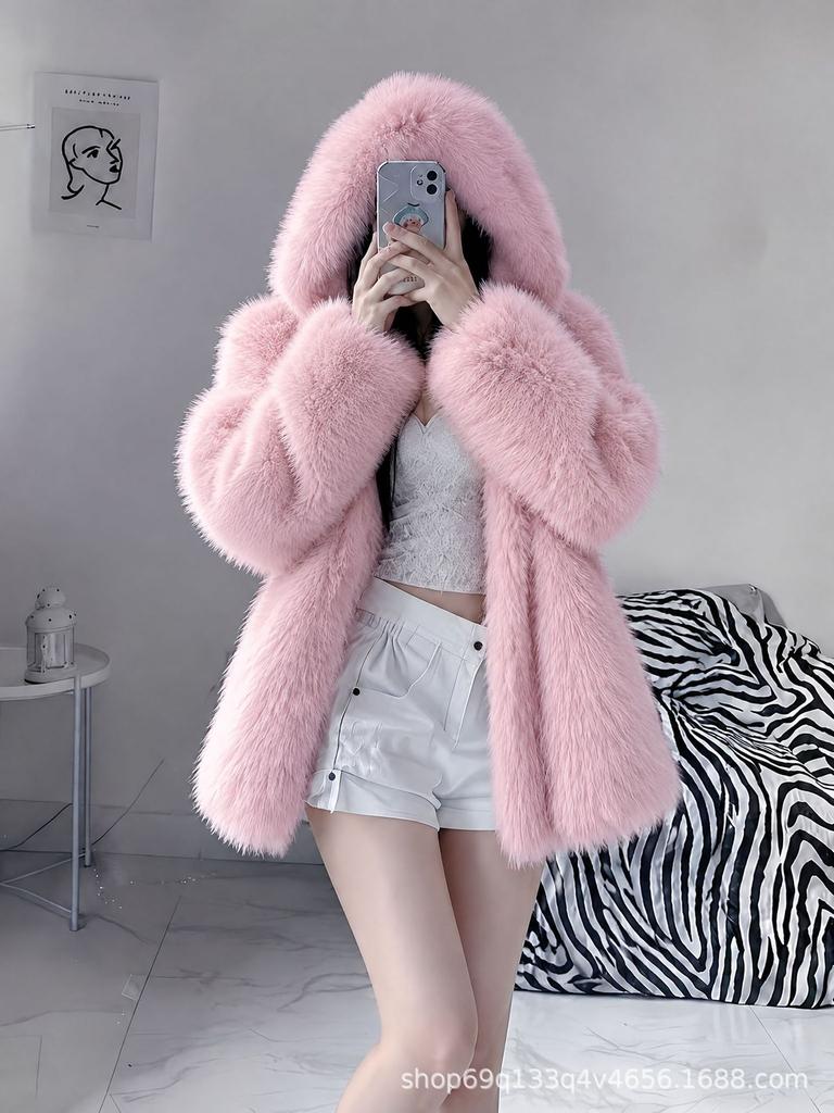 Europe, America, autumn and winter new women's imitation fur jacket imitation fox hair hooded jacket thickened short coat
