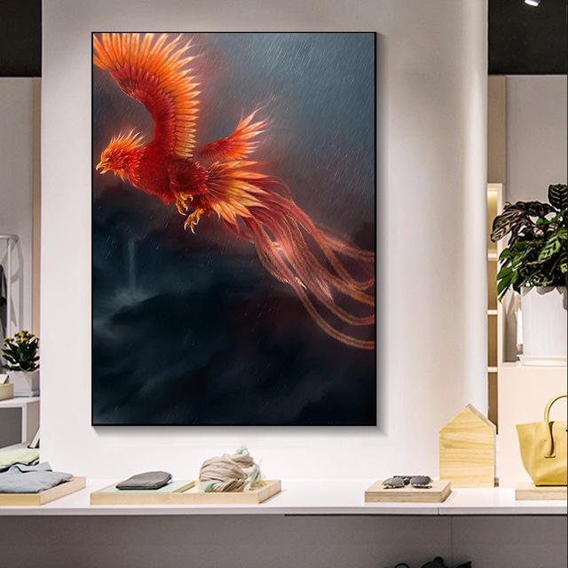 Рамка из цельного дерева Абстрактная картина маслом Феникс Холст Картина Стена Красивая современная благородная птица Художественный принт Плакат Гостиная Домашний декор