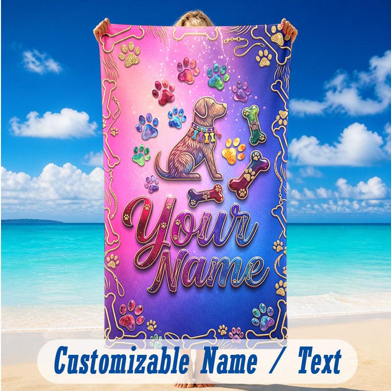 Dog Theme Beach Towel Personalized Custom Name & Text Soft Quick Dry Beach Towel for Swimming Travel